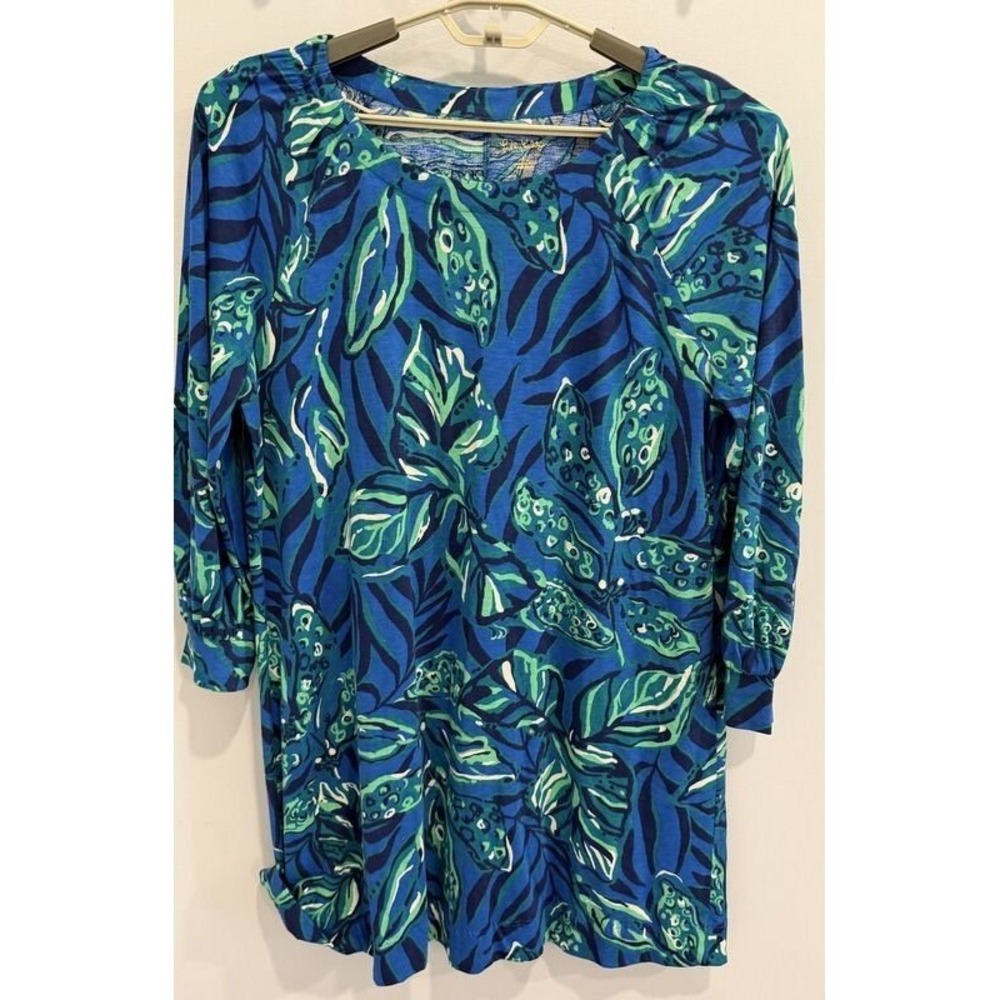 Lilly Pulitzer Elianna Blue Green Leaf Print Cotton Dress Bracelet Sleeve XL